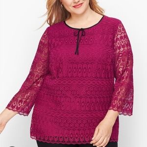 Talbots Plus Burgundy Lace Blouse Top Lined Sheer Sleeve Size 3X BOW MISSING